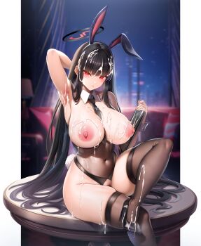 1girl alternate_costume animal_ears arm_up armpits bare_arms bare_shoulders black_hair black_hairband black_leotard black_necktie black_shoes black_thighhighs blue_archive breasts breasts_out commentary_request covered_navel crossed_legs cum cum_on_armpits cum_on_body cum_on_breasts cum_on_clothes cum_on_feet cum_on_hair cum_on_legs cum_on_legwear cum_on_stomach cum_on_upper_body cum_string cumdrip detached_collar facial fake_animal_ears fake_tail female_pubic_hair foot_out_of_frame hair_ornament hairband half-closed_eyes halo high_heels highleg highleg_leotard highres holding holding_tablet_pc indoors large_breasts leotard long_hair looking_at_viewer necktie nipples oni-noboru parted_lips partially_undressed playboy_bunny presenting_armpit pubic_hair rabbit_ears rabbit_tail red_eyes rio_(blue_archive) shoes sitting solo tablet_pc tail thighhighs thighs wrist_cuffs