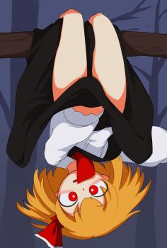 1341398s1 1girl ascot black_skirt black_vest blonde_hair blush bright_pupils collared_shirt commentary_request covering_crotch covering_privates embarrassed hair_ribbon hanging highres long_sleeves outstretched_arms red_ascot red_eyes red_ribbon ribbon rumia shirt short_hair skirt skirt_tug solo spread_arms touhou tree upside-down vest white_pupils white_shirt