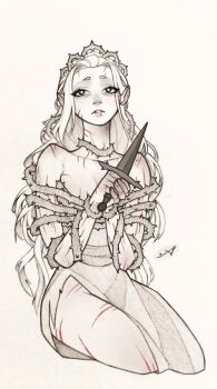 1girl bare_shoulders bleeding blood blush breasts cleavage commentary crown_of_thorns dagger dress english_commentary highres holding holding_blade holding_dagger holding_knife holding_weapon kneeling knife long_hair looking_at_viewer monochrome mr_andres0n overgrown parted_lips plant pointy_ears princess princess_(slay_the_princess) scar scars_all_over scratches simple_background sitting slay_the_princess solo the_thorn_(slay_the_princess) thorns too_many torn_clothes vines weapon white_background