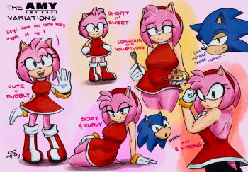 1boy 1girl amy_rose back backless_dress backless_outfit blue_fur blue_hair boots bracelet curvy dress flat_chest green_eyes highres jewelry legs loli medium_hair muscular onefinitya petite pink_fur pink_hair sega sonic_(series) sonic_the_hedgehog spiked_hair