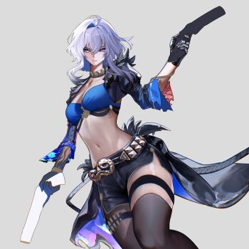 1girl absurdres ammunition_belt belt black_jacket blue_bra blue_hands bra breasts closed_mouth commentary criss-cross_straps cropped_jacket english_commentary galbrena_(wuthering_waves) gun hair_intakes highres holding holding_gun holding_weapon jacket large_breasts looking_at_viewer navel nervi_fd pantyhose purple_eyes short_shorts shorts simple_background single_leg_pantyhose solo thigh_strap toned toned_female underwear unfinished very_long_fingernails weapon white_hair wide_sleeves wuthering_waves
