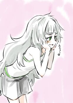 1girl bare_shoulders black_shorts blunt_bangs blush green_eyes green_hair green_trim hands_on_own_cheeks hands_on_own_face heart highres hiyajou_maho leaning_forward long_hair looking_ahead messy_hair pink_background sadarann science_adventure shorts simple_background solo steins;gate steins;gate_0 tank_top very_long_hair