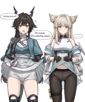 ... 2girls :d absurdres animal_ears arknights arknights:_endfield bike_shorts black_boots black_gloves black_pantyhose blonde_hair blue_eyes blue_jacket blue_shirt blush boots brown_eyes brown_hair chen_qianyu_(arknights) closed_mouth clothes_lift commentary cowboy_shot dragon_girl dragon_horns dragon_tail dress dress_lift english_commentary english_text gloves gongbangmanchi_(daisy_cutter) highres horns jacket knee_boots long_hair looking_at_viewer multiple_girls open_clothes open_jacket open_mouth panties panties_under_pantyhose pantyhose perlica_(arknights) shirt shorts shorts_under_skirt skirt skirt_lift sleeveless sleeveless_dress smile spoken_ellipsis standing tail thigh_strap twintails underwear very_long_hair white_dress white_jacket white_shorts white_skirt