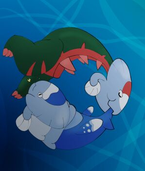 absurdres animal_focus arctovish biting_another's_tail chimera closed_mouth commentary_request dracovish from_side gen_8_pokemon highres m00nh4zy nintendo no_humans pokemon pokemon_(creature) pokemon_focus spines tail underwater