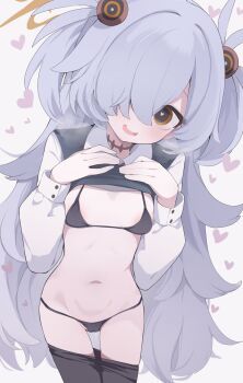 1girl black_bra black_panties black_pantyhose blue_archive blush bra breasts cameltoe clothes_pull collared_shirt dot_nose dress_pull grey_hair groin hair_between_eyes hair_over_one_eye halo heart heart-shaped_pupils heavy_breathing highres hone_kawa kanoe_(blue_archive) lifting_own_clothes loli long_hair long_sleeves looking_at_viewer navel one_eye_covered open_clothes orange_eyes orange_halo panties pantyhose pantyhose_pull scar scar_on_neck shirt shirt_pull simple_background sleeve_cuffs small_breasts solo standing stomach symbol-shaped_pupils thighs tilted_head underwear very_long_hair white_background white_shirt