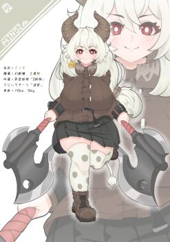 1girl animal_ears axe boots breasts brown_boots brown_horns commentary_request dual_wielding ear_tag full_body hair_between_eyes height highres holding holding_axe horns huge_breasts long_hair long_sleeves low-tied_long_hair nekomikan original pleated_skirt red_eyes skirt split_mouth standing standing_on_one_leg straight-on tareme thick_thighs thighhighs thighs translation_request weight white_tail zoom_layer