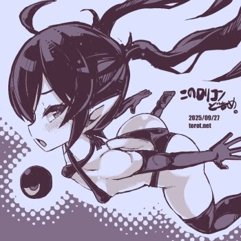 1girl ahoge ass backbeako_(torotei) backbeard blush breasts commentary dated dated_commentary elbow_gloves foot_out_of_frame from_side gegege_no_kitarou gloves hair_over_one_eye kono_lolicon_domome loli long_hair looking_at_viewer looking_to_the_side monochrome no_shoes open_mouth original paid_reward_available pointy_ears simple_background slingshot_swimsuit small_breasts solo swimsuit thighhighs torotei translated twintails watermark web_address