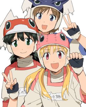 3girls 4zw89qkqagggcf7 :d alien alien_nine black_hair blonde_hair blue_eyes borg_(alien_nine) brown_hair fingerless_gloves frog_hat gloves green_eyes gym_shirt helmet highres kawamura_kumi light_blush long_hair multiple_girls ootani_yuri open_mouth red_eyes shirt short_hair smile tomine_kasumi twintails v white_background winged_helmet wings