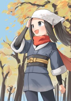 1girl :d absurdres akari_(pokemon) black_hair black_shirt commentary_request day falling_leaves floating_scarf grey_eyes grey_jacket grey_skirt hand_up happy headscarf highres jacket kachi_5057 leaf long_hair nintendo open_mouth outdoors pantyhose pokemon pokemon_legends:_arceus ponytail red_scarf scarf shirt sidelocks skirt sky smile solo tree
