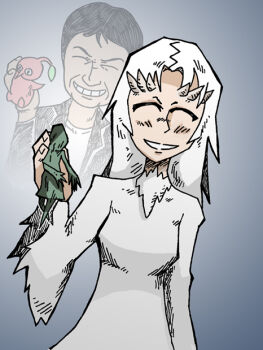 Rule 34 | 1boy, 1girl, black hair, blue background, closed eyes, dark souls (series), dark souls i, doll, dragon girl, dress, gradient background, grin, horns, long hair, long sleeves, miyamoto shigeru, nintendo, parody, pikmin (creature), pikmin (series), priscilla the crossbreed, real life, red pikmin, setz, short hair, smile, white dress, white hair