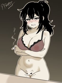 1girl annoyed arms_under_breasts black_hair blush bottomless bra breasts cigarette cleavage cleft_of_venus clenched_teeth cowboy_shot crossed_arms do_you_want_to_pet_my_cat_(meme) female_focus gradient_background green_eyes highres holding holding_cigarette large_breasts looking_at_viewer mature_female nipples pinkflamingo ponytail pussy renee_graves see-through_bra see-through_clothes sidelocks signature solo standing teeth the_coffin_of_andy_and_leyley underwear variant_set