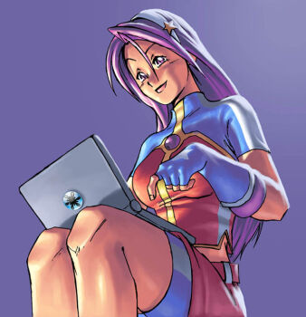1girl asamiya_athena bike_shorts breasts computer curvy female_focus gloves hairband laptop large_breasts long_hair purple_eyes purple_hair shirt sitting skirt smile smiley_face star_(symbol) the_king_of_fighters thick_thighs thighs wide_hips