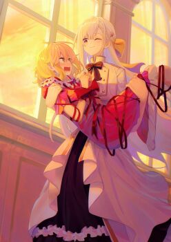 2girls anisphia_wynn_palettia black_bow black_bowtie blonde_hair blush bound bow bowtie carrying closed_mouth commentary_request commission dress dusk euphyllia_magenta hair_ribbon indoors long_hair medium_hair multiple_girls one_eye_closed open_mouth princess_carry purple_eyes red_dress ribbon second-party_source smile tensei_oujo_to_tensai_reijou_no_mahou_kakumei tied_up_(nonsexual) white_dress white_hair window ydpfa yellow_ribbon yuri