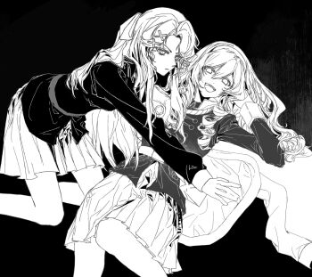 2girls belt butch/femme_couple couple greyscale hair_ornament hair_ribbon hairclip happy headband highres long_hair looking_at_viewer lying lying_on_person military_uniform monochrome multiple_girls on_back pleated_skirt ribbon saijou_claudine school_uniform serious shoujo_kageki_revue_starlight shoujo_kageki_revue_starlight_-re_live- skirt tendou_maya yuri