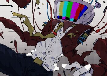 1boy 2525nicc ant_tenna belt_buckle black_pants buckle cable clothed_robot collared_shirt crack cracked_screen crt deltarune gloves highres male_focus mechabare necktie object_head pants robot severed_limb shirt shirt_partially_tucked_in solo tailcoat torn_clothes torn_necktie utdr_(toby_fox) white_gloves white_shirt yellow_necktie