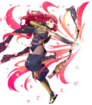 1girl attack black_scarf bodystocking bow_(weapon) breasts cleavage covered_navel drawing_bow fire_emblem fire_emblem_engage fire_emblem_heroes fishnet_bodystocking fishnet_thighhighs fishnets floral_print fox_mask hair_ornament highres holding holding_bow_(weapon) holding_weapon japanese_clothes long_hair mask medium_breasts navel ninja nintendo non-web_source official_alternate_costume official_art personality_switch petals red_eyes red_hair sandals scarf single_thighhigh solo standing standing_on_one_leg star_(symbol) star_hair_ornament thighhighs v-shaped_eyebrows weapon yunaka_(fire_emblem) yunaka_(ninja)_(fire_emblem)