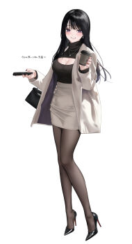 1girl :d abab_xiaxia bag black_hair black_nails black_shoes black_sweater blush breasts brown_pantyhose cellphone cleavage_cutout clothing_cutout coat commentary_request cup disposable_coffee_cup disposable_cup earrings full_body grey_skirt grin handbag heart high-waist_skirt high_heels highres holding holding_cup holding_phone jewelry large_breasts long_hair long_sleeves looking_at_viewer nail_polish necklace open-chest_sweater open_clothes open_coat open_mouth original pantyhose parted_lips pencil_skirt phone purple_eyes shoes shoulder_bag simple_background skirt smartphone smile solo standing sweater translation_request turtleneck turtleneck_sweater white_background white_coat