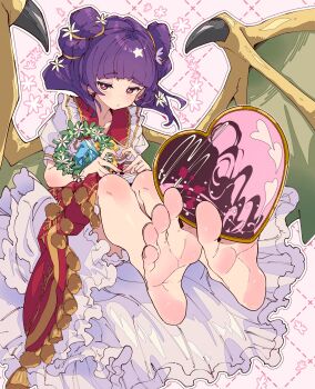 1girl barefoot blunt_bangs blush candy chocolate chocolate_heart closed_mouth dragon_girl dragon_wings dragonstone dress falling_petals feet fire_emblem fire_emblem:_the_sacred_stones fire_emblem_heroes flower food foot_focus four-finger_heart_hands hair_flower hair_ornament heart heart-shaped_food heart_hands highres holding holding_food holding_with_feet layered_dress looking_at_viewer myrrh_(fire_emblem) myrrh_(valentine)_(fire_emblem) nintendo official_alternate_costume petals presenting_foot puffy_short_sleeves puffy_sleeves purple_hair red_dress red_eyes short_sleeves sitting skirt skirt_tug smile solo toes twintails ushiki_yoshitaka valentine white_background white_dress wings