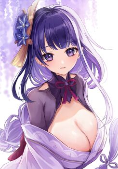 1girl back_bow blunt_bangs blurry blurry_background blush bow braid breasts bridal_gauntlets cleavage clothing_cutout commentary fan_hair_ornament flower genshin_impact gw8a9s hair_ribbon head_tilt highres huge_breasts japanese_clothes kimono leaning_to_the_side long_braid looking_at_viewer mole mole_under_eye neck_ribbon off_shoulder parted_lips pink_lips purple_eyes purple_hair purple_kimono purple_ribbon raiden_shogun red_ribbon ribbon shoulder_cutout shy single_braid solo upper_body white_background wide_sleeves wisteria