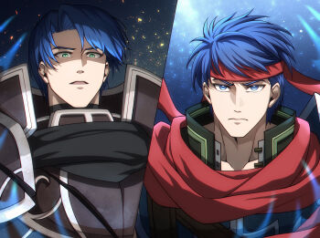 2boys armor blue_eyes blue_hair closed_mouth commentary_request fire_emblem fire_emblem:_radiant_dawn green_eyes headband highres ike_(fire_emblem) ike_(vanguard_legend)_(fire_emblem) male_focus multiple_boys nintendo parted_lips red_headband short_hair split_screen spoilers tellius_forever zelgius_(fire_emblem) zelgius_(jet-black_general)_(fire_emblem)