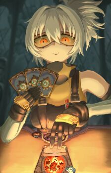 1girl absurdres anduin_wrynn bare_shoulders black_gloves black_vest card card_game closed_mouth elemental_(creature) evil_smile fire_elemental gloves goggles hair_between_eyes hearthstone highres holding holding_card kakapopo light_smile long_sleeves looking_at_viewer orange_eyes playing_games ponytail shirt short_hair sleeveless sleeveless_shirt smile soldier_11_(zenless_zone_zero) solo split_mouth strap upper_body vest warcraft white_hair white_sleeves yellow_shirt zenless_zone_zero