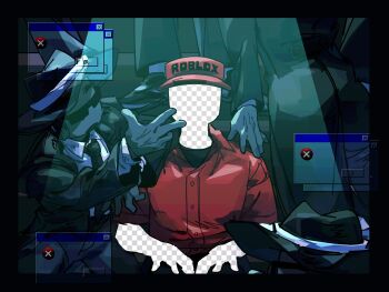 6+boys black_border black_hat black_jacket black_necktie border chance_(forsaken) clone collared_shirt colored_skin elliot_(roblox) error_message fake_transparency fedora forsaken_(roblox) grey_skin hat highres jacket multiple_boys namdam096 necktie open_mouth red_shirt red_visor roblox shirt sunglasses visor_cap white_shirt