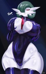 1girl absurdres artist_name between_breasts blue_background blue_choker blue_gloves blue_leotard blue_thighhighs blush bob_cut body_blush breasts cameltoe choker cleavage cleavage_cutout clothing_cutout collarbone colored_skin commission covered_navel cowboy_shot ears elbow_gloves english_text female_focus gardevoir gen_3_pokemon gloves grabbing_own_breast green_hair groin hair_over_one_eye highres latex latex_choker latex_gloves latex_leotard legs leotard nintendo pixiv_commission pixiv_id pixiv_username pointy_ears pokemon pokemon_(creature) red_eyes sana!rpg seductive_gaze seductive_smile seductress shiny_clothes shiny_skin short_hair smile solo thick_thighs thighhighs thighs thong thong_leotard white_skin wide_hips