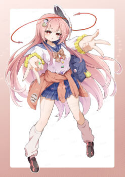 1girl alternate_costume bag blue_sailor_collar blue_skirt border bow bowtie brown_bow brown_bowtie brown_shoes buttons clothes_around_waist commentary_request fox_mask full_body futa_(nabezoko) green_nails gyaru gyaru_v hata_no_kokoro highres jacket jacket_around_waist kogal leg_warmers light_blush loafers long_hair long_sleeves looking_at_viewer loose_socks mask mask_on_head miniskirt new_mask_of_hope open_mouth orange_nails outside_border pink_eyes pink_hair plaid_bow plaid_bowtie plaid_clothes plaid_skirt pleated_skirt sailor_collar sailor_shirt school_bag school_uniform scrunchie shirt shoes shoulder_bag skirt smile_emoji socks solo star_(symbol) sticker sticker_on_face touhou v very_long_hair w watermark white_leg_warmers white_shirt wrist_scrunchie yellow_scrunchie