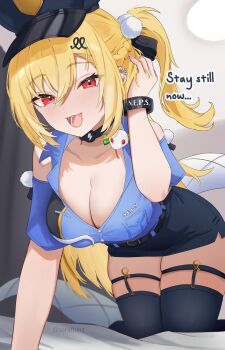 Rule 34 | 1girl, absurdres, arm up, bed, blonde hair, blush, breasts, chalky (zenless zone zero), cissia (zenless zone zero), cleavage, commentary, crawling, english commentary, english text, hair ornament, hand on own head, hat, highres, indoors, large breasts, long hair, looking at viewer, on bed, open mouth, pink nails, police, police hat, police uniform, policewoman, pom pom (clothes), pom pom hair ornament, red eyes, serafhin, shirt, skirt, smile, snake, snake girl, snake tail, solo, tail, thick thighs, thighhighs, thighs, twitter username, white snake, zenless zone zero