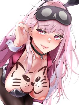 Rule 34 | 1girl, absurdres, animal ears, animal print, bent over, black choker, black hairband, black leotard, blush, bodypaint, breasts, cat print, chanwara 06, choker, cleavage, closed mouth, collarbone, commentary request, fingernails, hairband, highres, hololive, hololive english, large breasts, leotard, long hair, long sleeves, mask, mask on head, mori calliope, nervous, nipples, one breast out, pink hair, pink lips, pink vest, rabbit ears, simple background, skull choker, sleep mask, solo, sweat, thighs, tucking hair, vest, virtual youtuber, wavy mouth, white background, white wrist cuffs, wrist cuffs