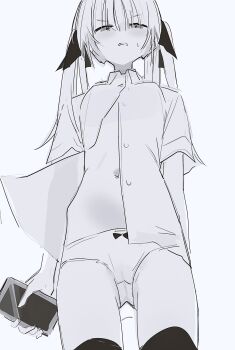 1girl bra cellphone highres phone planbi ribbon smartphone sweat sweatdrop tagme underwear