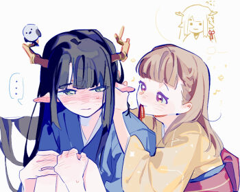 2girls alternate_hair_length alternate_hairstyle bird bird_on_horn blue_kimono blunt_bangs blush braid commentary constellation_print dragon_girl dragon_horns eastern_dragon_horns eighth_note flower_symbol flying_sweatdrops green_eyes hair_flowing_over hair_over_wings hands_on_own_knees highres horns japanese_clothes kachimachi_kosuzu kimono knees_up link!_like!_love_live! long_hair long_sleeves looking_at_another love_live! momose_ginko monsterification mouth_hold multiple_girls musical_note nose_blush pink_eyes pipi_(m1x_mix) pointy_ears print_kimono red_ribbon ribbon ribbon_in_mouth side_braid sidelocks simple_background sitting speech_bubble sweatdrop thought_bubble tying_another's_hair upper_body very_long_hair virtual_youtuber white_background yellow_kimono yuri