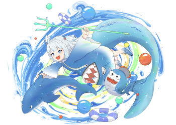 1girl absurdres animal_costume bloop_(gawr_gura) blue_eyes blue_hoodie blue_shoes blue_streaks commentary_request gawr_gura gawr_gura_(1st_costume) grey_hair hair_ornament highres holding holding_polearm holding_weapon hololive hololive_english hood hoodie medium_hair polearm shark_costume shark_hair_ornament sharp_teeth shoes smile solo teeth trident two_side_up u_da_desu upper_teeth_only virtual_youtuber weapon