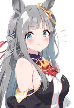 Rule 34 | 1girl, absurdres, animal ears, ascot, bare shoulders, black shirt, blue eyes, blue gem, blunt bangs, blush, breasts, callretortyagiza, chrono genesis (prismatic curator) (umamusume), chrono genesis (umamusume), closed mouth, commentary request, detached sleeves, gem, grey hair, hair between eyes, hair ornament, highres, horse ears, horse girl, long hair, looking at viewer, medium breasts, red ascot, shirt, simple background, sleeveless, sleeveless shirt, smile, solo, umamusume, upper body, white background
