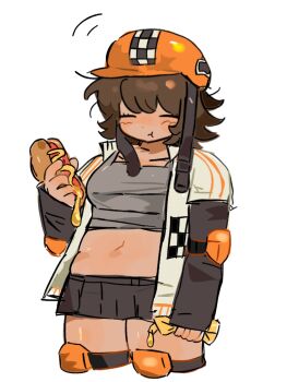 1girl black_skirt breasts closed_eyes closed_mouth commentary_request cowboy_shot die_of_death eating elbow_pads grey_tank_top helmet highres hot_dog hotdog_(die_of_death) jacket knee_pads medium_breasts mustard mustard_bottle orange_helmet pleated_skirt plump q622130598 roblox simple_background skirt solo tank_top white_background white_jacket