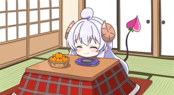 Rule 34 | 1girl, ^ ^, ahoge, blush, bowl, brown horns, closed eyes, closed mouth, commentary request, curled horns, demon girl, demon tail, food, fruit, game boy advance, handheld game console, horns, indoors, kotatsu, kotatsu-mazoku, lilith (homunculus) (machikado mazoku), lilith (machikado mazoku), long hair, machikado mazoku, mandarin orange, purple hair, sidelocks, smile, solo, table, tail