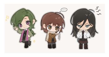 Rule 34 | 3girls, absurdres, asya shubina, black hair, boots, brown boots, brown coat, chinese commentary, closed mouth, coat, commentary request, corded phone, green coat, green hair, hands in pockets, highres, ira grachevskaya, jacket, low ponytail, marina kaplan, multiple girls, phone, pink scarf, plaid clothes, plaid coat, ponytail, pphire, purple eyes, scarf, school uniform, smile, soviet school uniform, white jacket, white scarf, z.a.t.o. // i love the world and everything in it