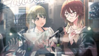 2girls aketa_mikoto blonde_hair bottle bracelet earrings game_cg glasses green_eyes grey_hair hat highres holding idolmaster idolmaster_shiny_colors idolmaster_shiny_colors_song_for_prism jewelry microphone multiple_girls nail_polish nanakusa_nichika necklace official_art open_mouth paper red_hair reflection table window