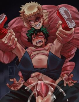 2boys age_difference anal anus ass blonde_hair boku_no_hero_academia broken_arm bruise bulge cum cum_in_ass cum_inflation green_hair highres huge_penis inflation inflation injury large_insertion large_penis male_focus male_penetrated midoriya_izuku multiple_boys muscular muscular_(boku_no_hero_academia) muscular_(my_hero_academia) muscular_male no_shirt older_male_and_younger_male penis penis_size_difference rape rape_face shoes shota size_difference small_penis sneakers stomach_bulge suspended_congress wildmage yaoi