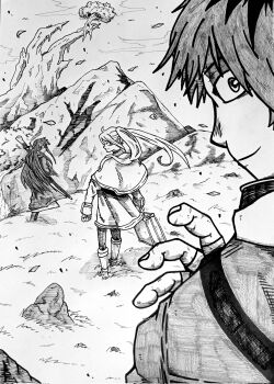 Rule 34 | 2girls, black robe, commentary, crosshatching, eindrawppsn, elf, english commentary, fantasy, fern (sousou no frieren), frieren, hatching (texture), highres, looking at viewer, looking back, mountain, multicolored hair, multiple girls, pointy ears, robe, roots (hair), sousou no frieren, standing, stark (sousou no frieren), traditional media, tree, walking, waving