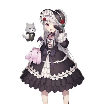 1girl bat_wings black_dress dress flower frilled_dress frills hat hat_flower long_hair mini_wings pokachu praha_bathory purple_eyes red_flower red_rose rose uchi_no_hime-sama_ga_ichiban_kawaii very_long_hair white_hair wings wolf