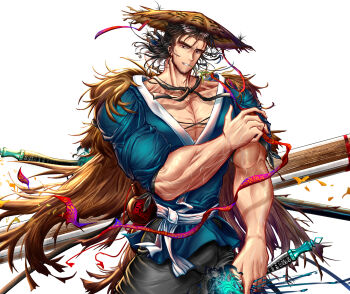 Rule 34 | 1boy, bara, beard, beard stubble, belt, biceps, black hair, brown eyes, brown hair, commentary request, cowboy shot, facial hair, glowing, glowing weapon, hat, highres, holding, holding sword, holding weapon, japanese clothes, large pectorals, looking at viewer, male focus, manly, mature male, medium hair, muscular, muscular male, original, pants, pectoral cleavage, pectorals, recenama, sheath, simple background, smile, solo, straw hat, stubble, sword, thick arms, veins, veiny arms, weapon, white background