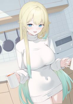 1girl absurdres aizawa_ema alternate_costume blonde_hair blue_eyes blue_hair breasts cabinet coffee covered_navel cowboy_shot cup drawer dress dutch_angle frying_pan gradient_hair hair_flaps highres holding holding_cup impossible_clothes impossible_sweater indoors kitchen large_breasts long_hair long_sleeves looking_at_viewer mug multicolored_hair open_mouth sino_(oyasumi_hf) smile solo sweater sweater_dress tile_wall tiles toaster_oven turtleneck turtleneck_dress turtleneck_sweater very_long_hair virtual_youtuber vspo! white_sweater