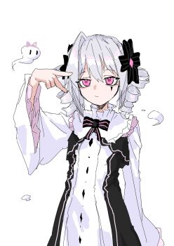 Rule 34 | 1girl, absurdres, arm at side, black bow, black bowtie, black dress, black ribbon, bow, bowtie, closed mouth, commentary, dress, drill hair, expressionless, facial mark, frills, ghost, grey hair, hair between eyes, hair bow, hair intakes, hair ribbon, hand up, haoli mei an, highres, long hair, long sleeves, looking at viewer, mark under eye, medium hair, pink eyes, ribbon, simple background, solo, striped bow, tlipoca, twin drills, untranslatable commentary, upper body, v, v over eye, white background, white dress, wide sleeves, yog-sothoth's yard