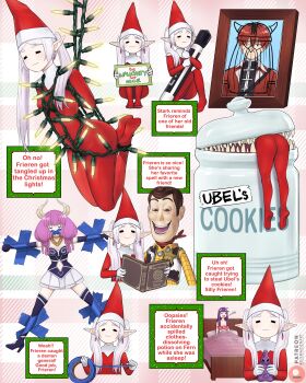 1boy 1girl 3girls :3 =_= absurdres animal_print ass aura_(sousou_no_frieren) bandana blank_eyes blue_footwear blue_gloves bodysuit book boots bottle bound breasts brown_eyes brown_hair censored christmas_lights cookie_jar covered_navel cow_print demon_girl demon_horns dismaiden earrings eisen_(sousou_no_frieren) elbow_gloves elf elf_(the_elf_on_the_shelf) english_text fern_(sousou_no_frieren) frieren gloves grey_hair hat hentai_woody_(meme) highres holding holding_book holding_bottle holding_marker horns jewelry long_hair marker medium_breasts meme multiple_girls navel on_bed open_mouth patreon_logo patreon_username photo_(object) pointy_ears purple_hair reading red_bandana red_bodysuit red_hat sheriff_badge sheriff_woody shirt skirt small_breasts sousou_no_frieren stark_(sousou_no_frieren) taped_arms the_elf_on_the_shelf thigh_boots tied_up_(nonsexual) toy_story twintails vest wet white_skirt yellow_shirt