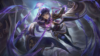 1girl blue_background blunt_bangs breasts bridal_gauntlets cleavage full_body genshin_impact hair_ornament highres japanese_clothes kimono large_breasts leaning_to_the_side long_braid long_hair mitsudomoe_(shape) neck_ribbon purple_eyes purple_hair purple_thighhighs raiden_shogun red_lips red_ribbon ribbon runruirui6 solo thighhighs tomoe_(symbol) wide_sleeves