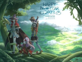 1girl 2023 2boys armband arrow_(projectile) bow bow_(weapon) bowtie brown_bow brown_bowtie brown_eyes brown_footwear brown_gloves brown_hair brown_headwear brown_shirt brown_shorts brown_wings capelet cat_girl city closed_mouth cloud cloudy_sky commentary_request crescent crescent_hat_ornament crop_top day dress expressionless fingerless_gloves forest full_body fur-trimmed_capelet fur-trimmed_gloves fur-trimmed_shirt fur-trimmed_shorts fur_trim gloves grey_pants happy_new_year hat hat_feather hat_ornament high_collar high_wizard_(ragnarok_online) holding holding_bow_(weapon) holding_staff holding_weapon leaf light_beam long_hair mountainous_horizon multiple_boys natsuya_(kuttuki) nature new_year open_mouth outdoors pants pants_under_shorts pink_hair print_headwear purple_capelet purple_hat quiver ragnarok_online red_capelet red_dress red_hair shirt shoes shorts sky sleeveless sleeveless_shirt smile sniper_(ragnarok_online) staff star_(symbol) star_print summoner_(ragnarok_online) tree two-tone_gloves two-tone_shirt very_long_hair walking weapon white_footwear white_gloves white_headwear white_pants white_shirt wings witch_hat yellow_gloves yellow_shirt