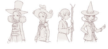 4girls absurdres armband belt buttons center_frills coriander_(pepper&amp;carrot) david_revoy frilled_shirt frills hair_ornament hair_stick hat highres jacket kerchief long_hair long_sleeves looking_at_viewer medium_hair miniskirt monochrome multiple_girls pepper&amp;carrot pepper_(pepper&amp;carrot) pleated_skirt robe saffron_(pepper&amp;carrot) shichimi_(pepper&amp;carrot) shirt sidelocks skirt stick twintails vest wand wide_hips witch_hat