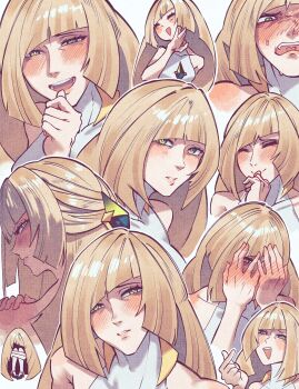1girl absurdres andrich_galam blonde_hair blunt_bangs breasts clenched_teeth expression_chart green_eyes highres long_hair looking_at_viewer looking_back lusamine_(pokemon) nintendo ojou-sama_pose pants pokemon pokemon_sun_and_moon smile teeth white_background white_pants