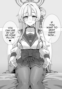 1girl absurdres blue_archive blush bow braid breasts bun_with_braided_base closed_mouth commentary english_commentary english_text greyscale hair_bun hair_ornament hakama hakama_skirt halo heart highres japanese_clothes lap_pillow_invitation large_breasts long_hair long_sleeves mimori_(blue_archive) monochrome pantyhose rynn_(darknescorez) sailor_collar shirt single_side_bun sitting skirt smile solo speech_bubble spoken_heart straight-on